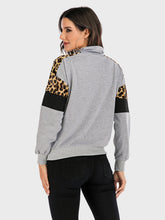 Perfee Contrast Leopard Half Zip Long Sleeve Sweatshirt OutfitFlow